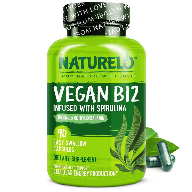 NATURELO Vegan B12 Methyl B12 with Organic Spirulina High Potency Vitamin B12 1000 mcg Methylcobalamin Supports Healthy Mood Energy Heart Eye Health 90 Capsules - Image 1